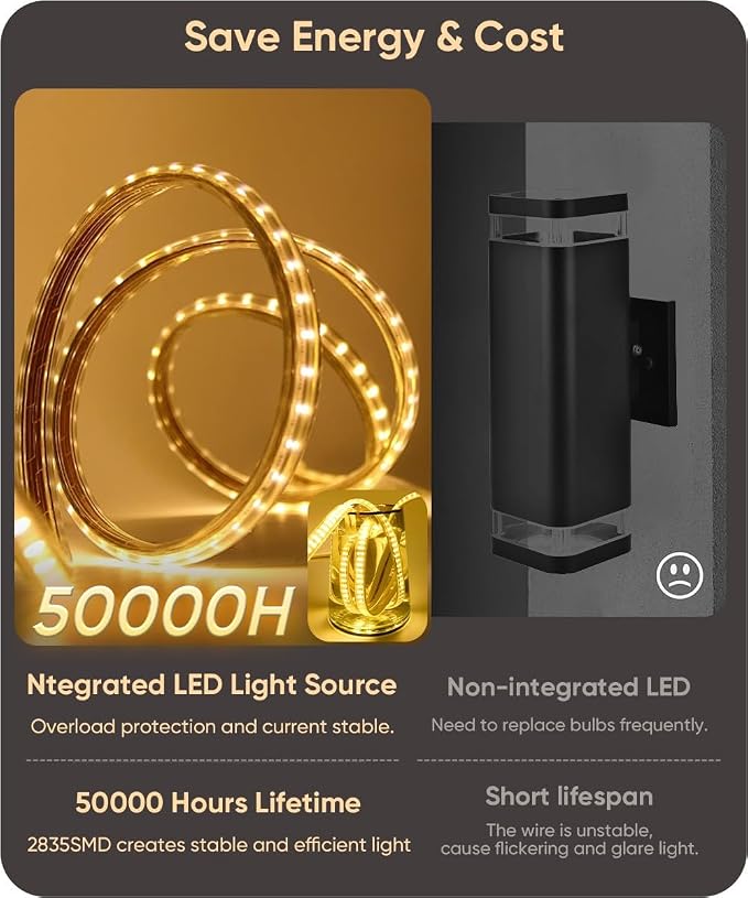 Aipsun 2 Packs Outdoor Wall Sconce, 3000K 4000K 6000K, 15.75in Modern Black Exterior Light, Long LED Linear Wall Light Outside Lighting for Entrance, Hallway, Garage, Porch(3CCT)