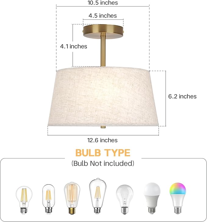 CALOKES Cone-Shaped Semi Flush Mount Modern Ceiling Light Fixture, 3-Light Drum Lamp with Gold Brass Finish and Beige Fabric Shade for Bedroom, Kitchen, Dining Room, Hallway, Entryway, and Foyer