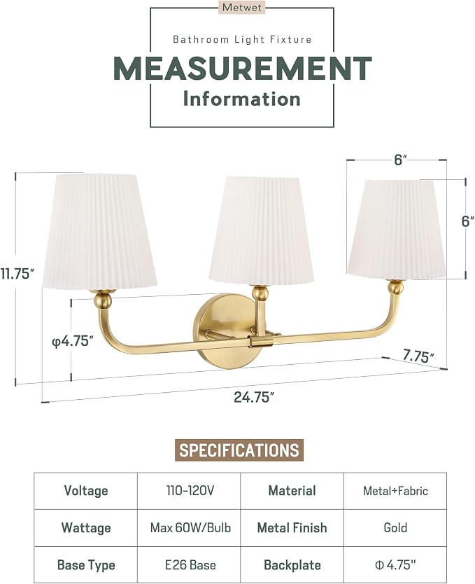 3-Light Brushed Gold Bathroom Vanity Light, Pleated Fabric Shade | 24.75" 3-light gold double wall sconce with white pleated fabric shades, E26 bulbs, hardwired, upward only, VL837-BG-Z-3