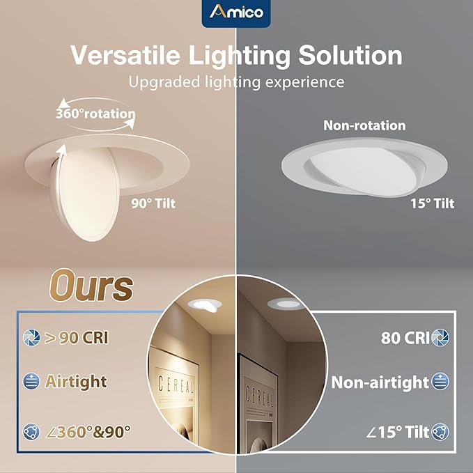 Amico 6 Pack 6 Inch 5CCT Gimbal LED Recessed Lighting, 360°&90° Adjustable Eyeball Directional Downlight, Dimmable, 2700K/3000K/3500K/4000K/5000K Selectable, CRI90+ 12W 1200LM, ETL&FCC