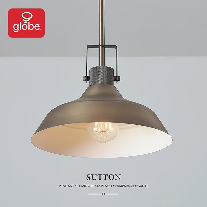 GLOBE Electric 65475 1-Light Pendant Light Fixture, Matte Brass, Textured Socket, Dining Room Fixture, Kitchen Island Lighting, Living Room Pendant Light, Hanging Lights for Bedroom