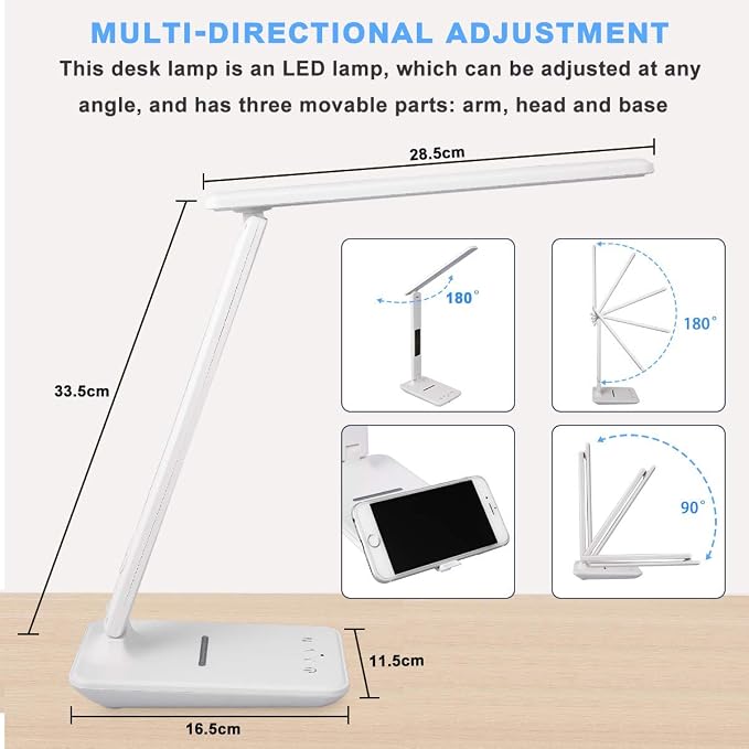 LED Desk Lamp with Wireless Charger, Suitable for Home, Office Dimmable, with USB Charging Port, Built-in Clock, Calendar, Thermometer and Automatic Timing Reading Desk Lamp.