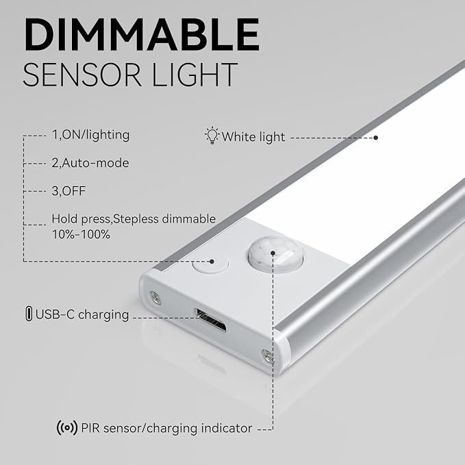 7.8 inch Under Cabinet Lighting Rechargeable 2 Pack Battery Operated | 1800mAh Rechargeable Wireless Dimmable Under Counter Lights for Kitchen, Stairs, Pantry, Easy Installation Magnetic