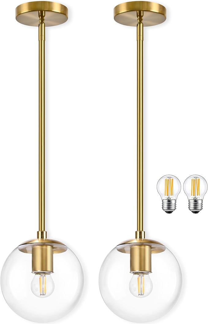 6" Globe Pendant Light Gold 2 Pack Mid Century Pendant Light Globe Pendant Lights Kitchen Island Brushed Brass Finished with Clear Glass Adjustable Ceiling Light Fixtures for Dining Room Bar