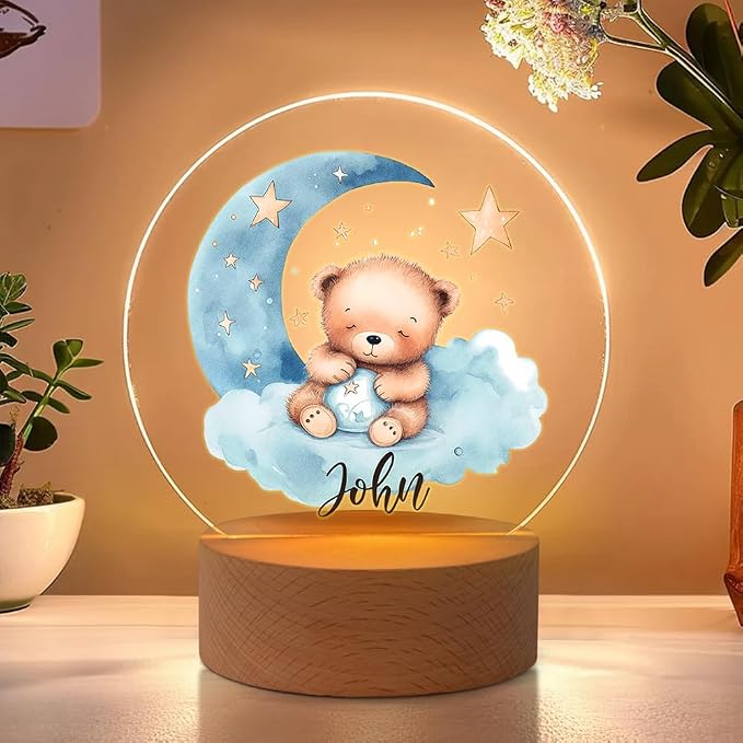 Personalized Bear Night Light - Custom Name, Cute Acrylic LED Light Lamp with Wooden Base for Bedroom Decor, Gifts for Kids Girls Boys