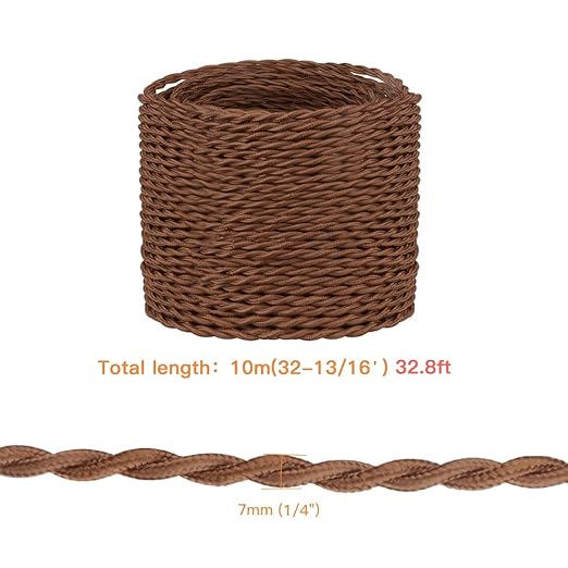Helunsi 32.8ft Twisted Cloth Covered Wire, 2 Core Mahogany Brown Cloth Covered Electrical Wire, 18 Wire Gauge Fabric Covered Lamp Cord, Vintage Twisted Cloth Covered Wire, for DIY Lamp-Mahogany Brown