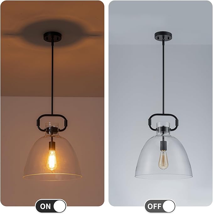 14'' Large Black Pendant Lights Kitchen Island, 1-Light Farmhouses Pendant Lighting Fixture, Adjustable Cord Modern Glass Island Light for Kitchen Bedroom Dining Room, E26