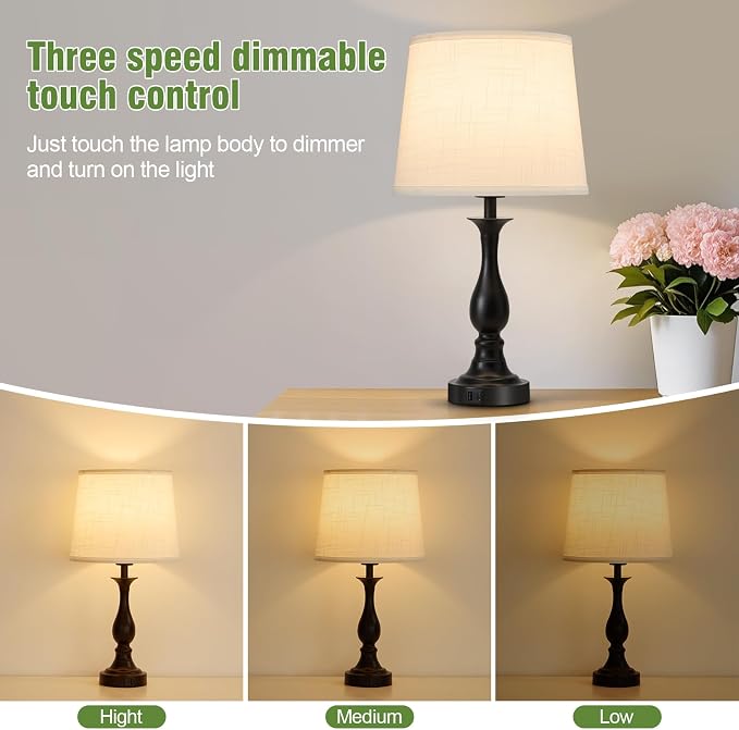 Bedside Table Lamp Touch Control Bedroom Lamps with USB A + C Charging Port 3 Way Dimmable Touch Lamps for Nightstand Living Room Bedroom Dorm Home Office Reading, Set of 2 (White Shade & Black Base)