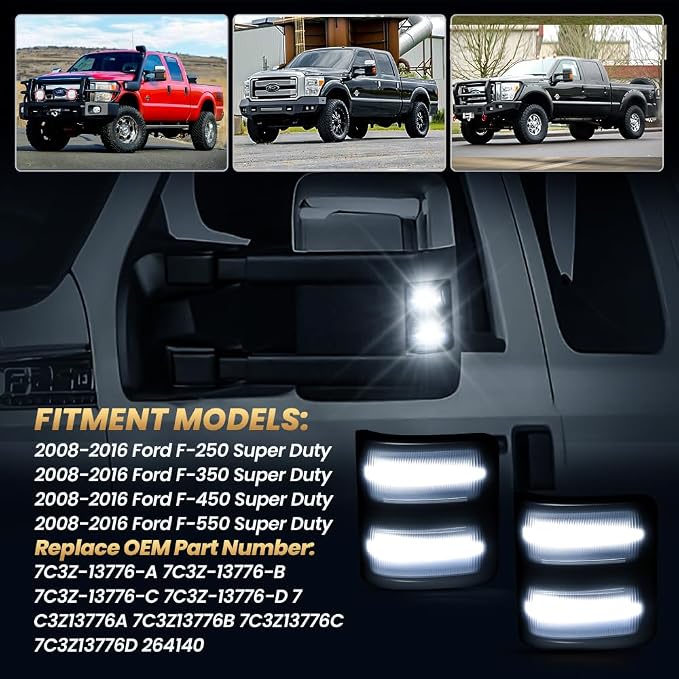 Side Mirror Lights Smoked Lens White for 2008-2016 Ford F250 F350 F450 F550 | LED Side Mirror Marker Lights, White Turn Signal Mirror Light, Replace OEM Mirror Marker Lamps, Pack of 2