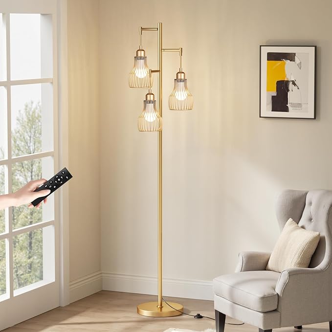 Ziisee Dimmable Gold Floor Lamps for Living Room, Farmhouse Tree Standing Tall Lamp with Remote Control 3 Elegant Cage Shade LED Bulbs for Bedroom Office - Gold