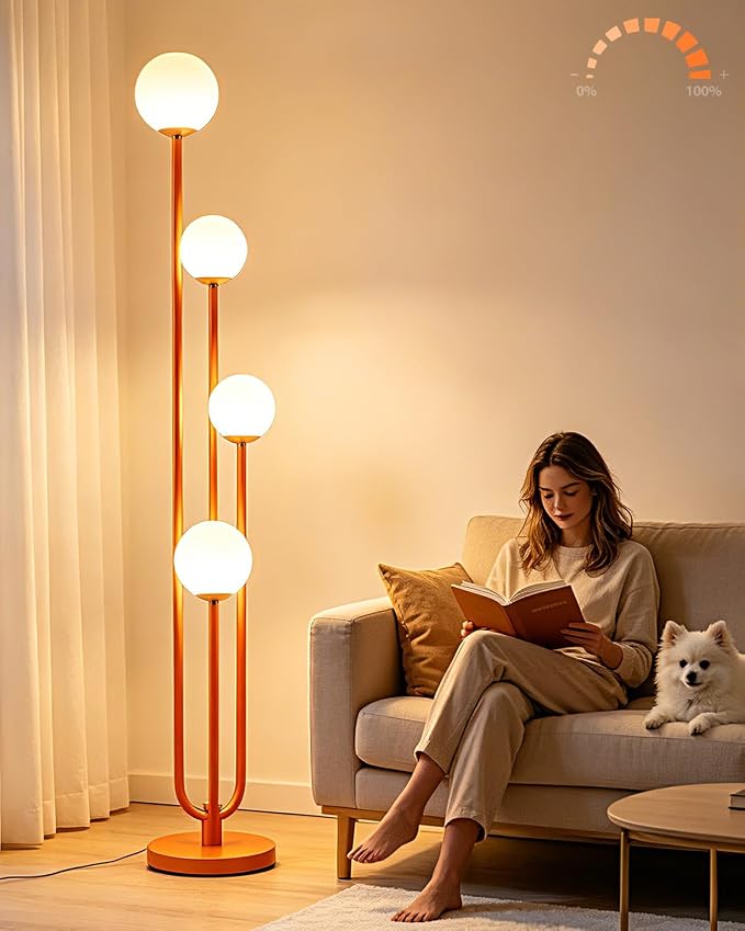 Lightdot Orange Globe Floor Lamp 4-Lights Dimmable Floor Lamps with 3000K Bulbs Included Unique Mid Century Modern Tall Standing Lamp with 5Lbs Heavy Base for Living Room/Bedroom/Sofa Beside