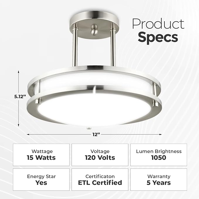 Diodesy- Semi Flush Mount Double Ring Ceiling Light 12-Inch Brushed Nickel Modern Close to Ceiling LED Light Fixture for Hallway Bedroom Living Room Kitchen Dimmable 30K/40K/50K 3CCT 15W 1050 Lumens