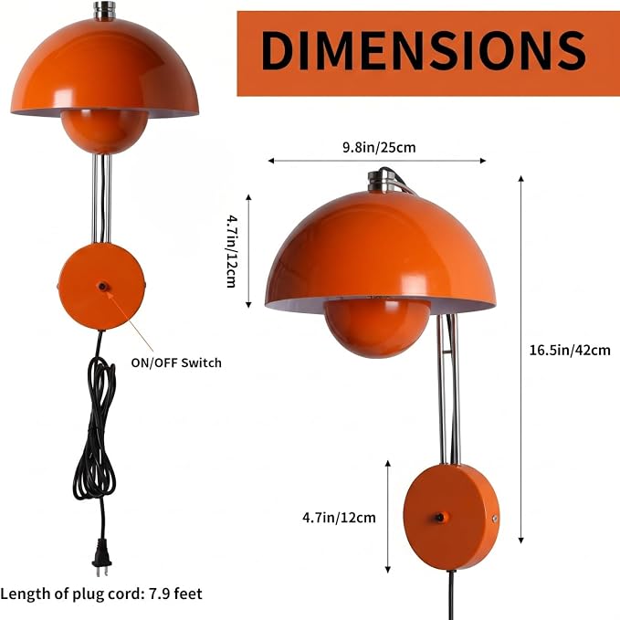 Mid-Century Modern Bud Plug in Wall Sconces for Bedroom, Pastel Orange | Indirect lighting reading wall lamp, all-metal construction, plug-in or hardwired install, fits bedroom bedside, living room