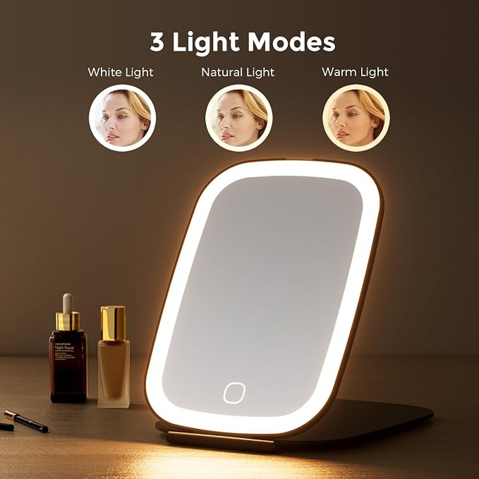 NEZZOE Rechargeable Travel Makeup Mirror with LED Light, 7x5 Inch, Black | Portable Lighted Makeup Mirror, 3 Lighting Modes, Dimmable Touch Control, Foldable Compact Vanity Mirror