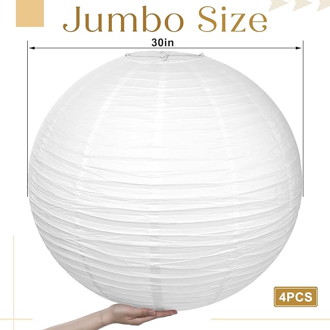 Woanger 4 Pack 30 Inch Large Paper Lantern Shade Jumbo White Japanese Chinese Round Hanging Japanese Paper Lantern Lamp for Home New Year's Eve Valentines Wedding Party Ceiling Decoration