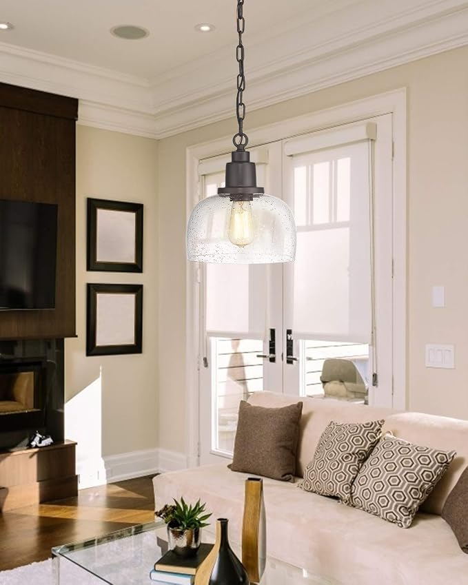 EAPUDUN 1-Pack Farmhouse Pendant Light, 1-Light Industrial Hanging Light Fixture with 9.3" Round Seeded Glass Shade, Dark Bronze Finish, Vintage Ceiling Lighting for Kitchen Island & Dining Room