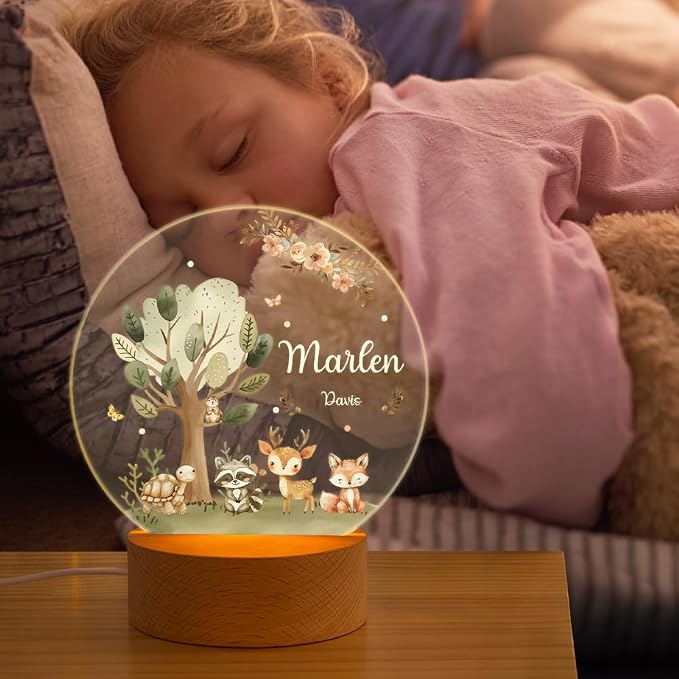 Personalized Forest Animal Night Light for Kids, Custom Name and Text Led Nightlight Nursery Decor Gift for Kids