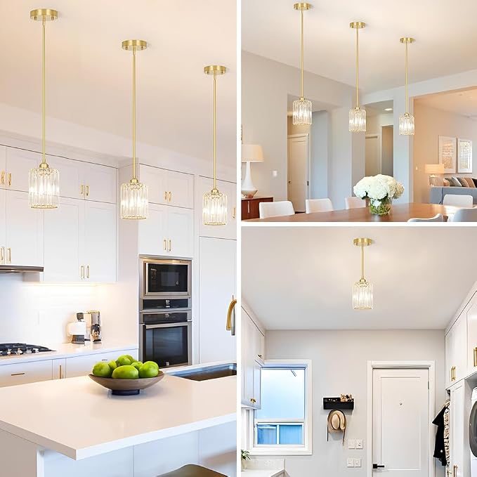 Lxybcce Gold Kitchen Pendant Lights Over Island with Adjustable Rods - Crystal Pendant Lighting Fixtures 3 Pack, Ideal Over Dining Table or Bar, E26 Bulb Compatible, No Electrician Needed