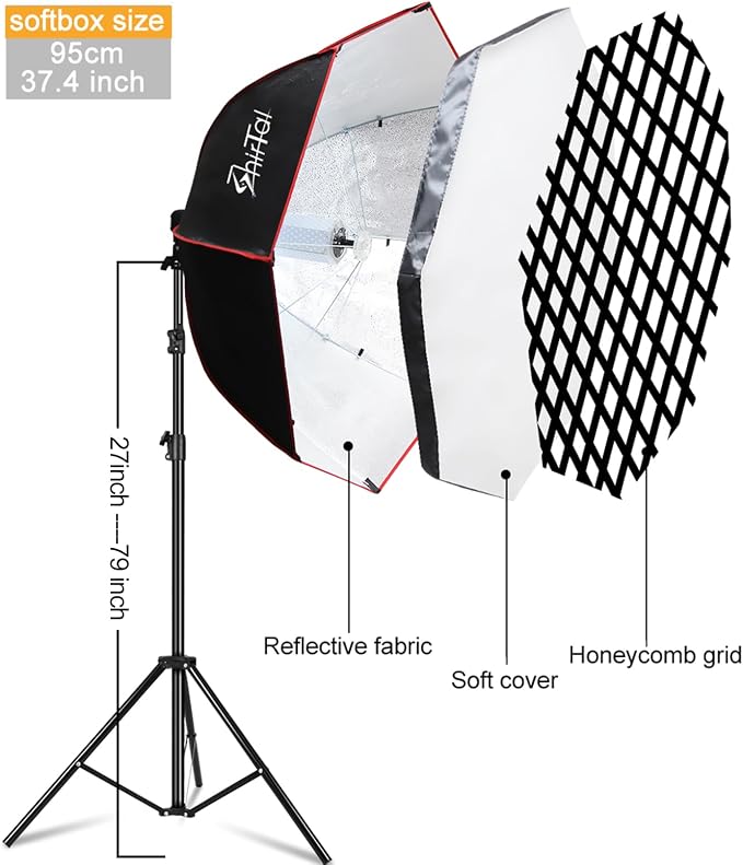 Softbox Photography Lighting Kit,37" Octange Softbox Lighting Kit with Honeycomb Grid 110W 2700K-6500K 11000Lux Dimmable LED Prismatic Lamp and Remote Control, Lighting for Video Recording