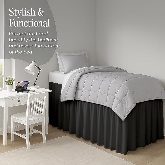 Cottingon Dorm Bed Skirt Twin XL 36" with Split Corners, 100% Microfiber Soft and Stylish, College Room Essential, Extra Long Dust Ruffle for Extended Beds, Dark Grey