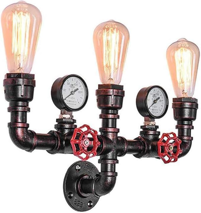 MQ Water Pipe Wall Lamp Steampunk, 3 Lights Wall Sconces Vintage Rustic Wall Light Fixtures Wall Mount E26 Socket for Bathroom Hallway Basement Copper Color