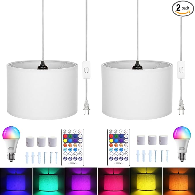15FT Plug in Pendant Light with Switch,Hanging Lamp with Plug in Cord, Hanging Light Pendant Lamp with Remote Control，Pendant Light Fixture for Living Room Bedroom Farmhouse (White x2)