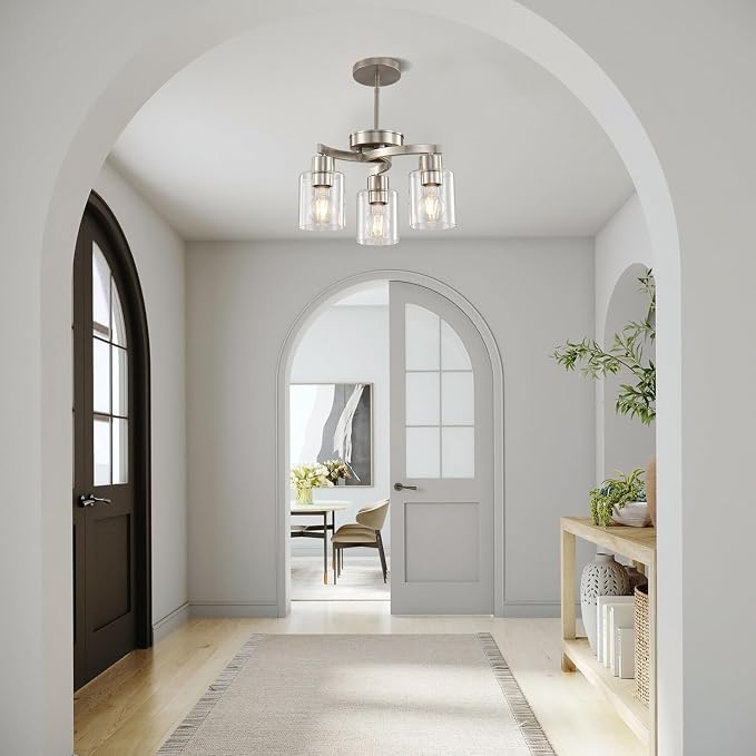 Modern Dining Room Chandelier, 3-Light Brushed Nickel Pendant Light | Industrial Pendant Light, Clear Glass Shade, Adjustable Height, E26, Dimmable