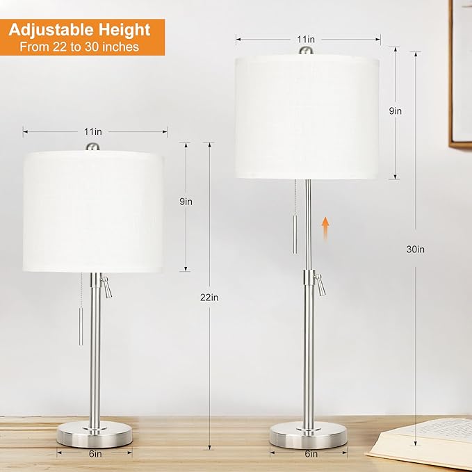 Table Lamps for Bedrooms Set of 2, 22" to 30" Height Adjustable Nightstand Lamps with Linen Shade, Pull Chain Switch Lamps for Living Room, 3 Way Dimmable Bedside Lamp