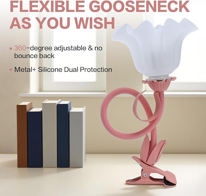 Clip On Light and Flower Bedside Table Lamp, Flexible Gooseneck Reading Book Light with 3 Color Modes, Night Light for Kids Nursery, Clip on for Desk, Bed Headboard, Dorm (Pink)