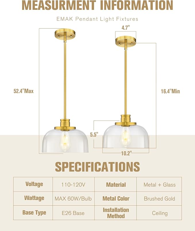 Emak 10 Inch Pendant Lights Kitchen Island, Brushed Gold Pendant Light Fixtures with Clear Glass Shade, Modern Island Lights for Kitchen, Dining Room, Bathroom, PL131-BGD-CG