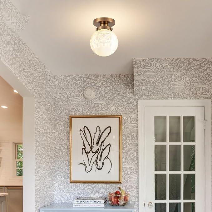 Daunton Semi Flush Mount Ceiling Light, Modern Globe Milk Glass Ceiling Light Fixture, Vintage Small Brass Gold Hallway Light Fixtures for Kitchen, Entryway, Bathroom, Clos