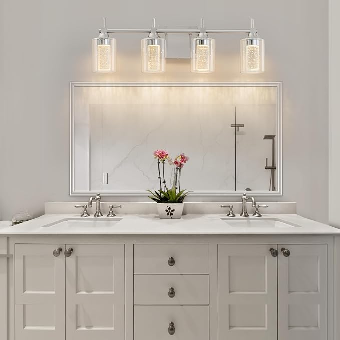 Vanity Light with 3 Color Modes (3000K/4000K/6000K), Eye Protection LED Bathroom Light Fixture, Dimmable Modern Wall Light Over Mirror with Clear Glass Shade (Brushed Nickel, 4-Light)