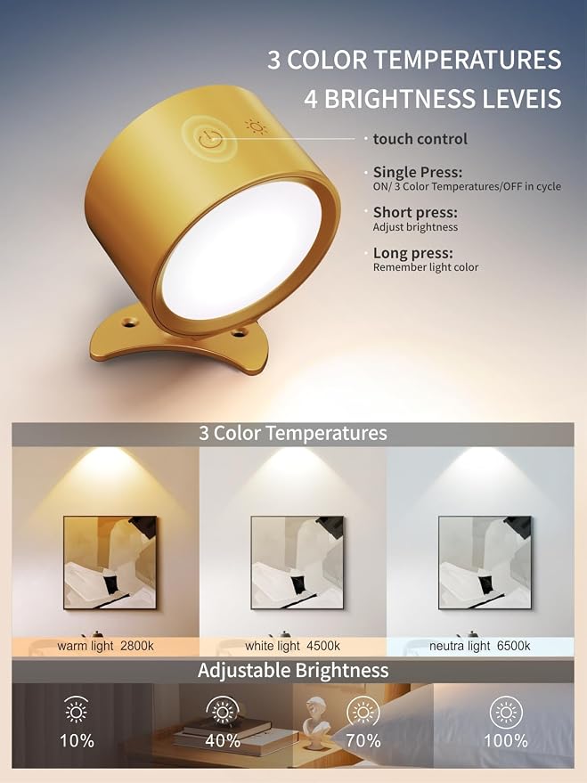 LANMEL LED Wall Mounted Lights,360° Rotating Rechargeable Wall Sconce Lamp | Gold,3CCT,Dimmable,with Remote & Touch Control,USB Wireless Wall Lamp, Suitable for Study,Bedroom,and Bedside Reading