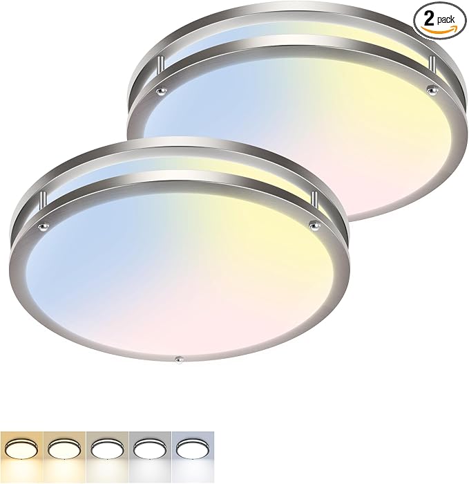 zemty 13Inch Brushed Nickel LED Flush Mount Ceiling Light Fixture, Dimmable &5CCT(3000K-6500K) Adjustable, 15W IP44 Damp-Rate Ceiling Lamp for Bedroom,Kidroom,Living Room,Home Office-1Pack
