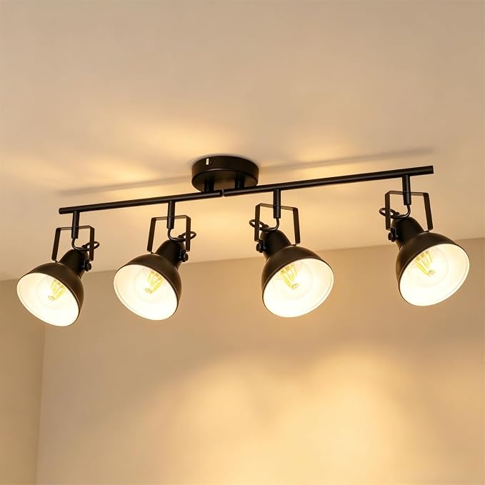 HiBay Track Lighting Fixtures Ceiling Black, Adjustable 4-Light Spotlight | Industrial LED Track Lights for Kitchen, Dining Room, Bedroom, E26 Base (Bulb Not Included)