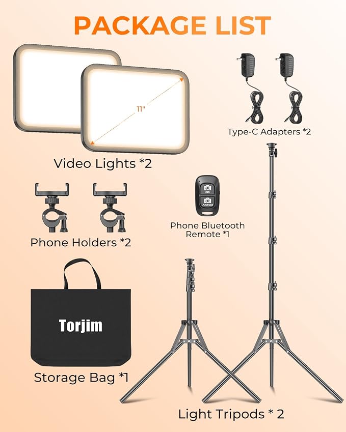 Torjim 11 Inch Video Light Kit for Creators-24W High Brightness Studio Lights with Tripod Stand & Phone Holder & Remote, Adjustable Photography Lighting for Clearer YouTube Streaming Home Studio | Studio Lights with Tripod Stand & Phone Holder | 3000-6...