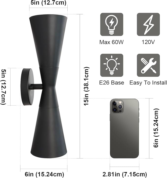 Wall Sconce Bathroom Sconces Lighting, 15 inch Black Modern Sconces Up Down Lights Wall Decor Indoor Wall Light Fixtures for Living Room Hallway Staircase Bedroom Hardwired