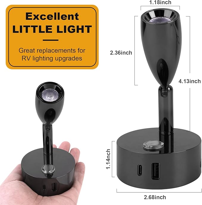 12V LED Reading Light with Dual Charging Ports, Touch Control Dimmable RV Light Interior 12 Volt Bedside Light Fixture for Camper Boat Van Trailer and Motorhome