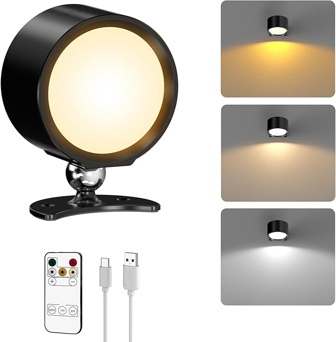 Smiling Shark Wall Light F9, Rechargeable Wall Mounted Lamp LED 3 Color & 4 Brightness Stepless Dimming 360° Rotate Magnetic Ball Cordless Wall Sconce Lamp for Bedroom Reading Bedside (1, Black)