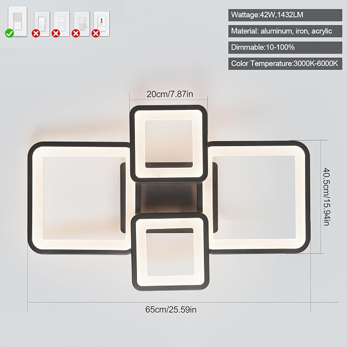 24" 42W Light Fixtures Ceiling Mount 1432LM Living Room Light Fixture | 3000-6500K Remote control APP Adjustable color temperature brightness Memory function Night light for Bedroom Kitchen Modern