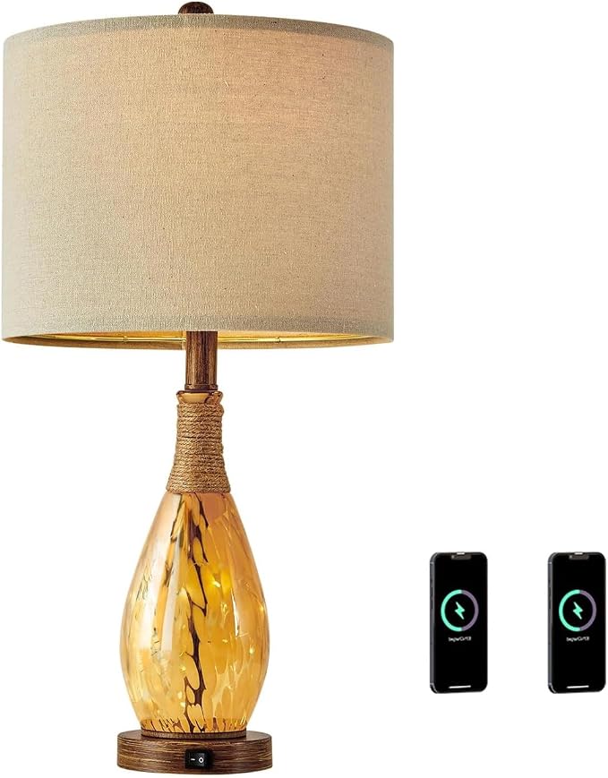 23" USB A+C Table Lamp for Bedroom Living Room Modern Bedside Lamps Retro Farmhouse Rattan Glass Nightstand Nightlight Lamps (Amber),Two Light Points