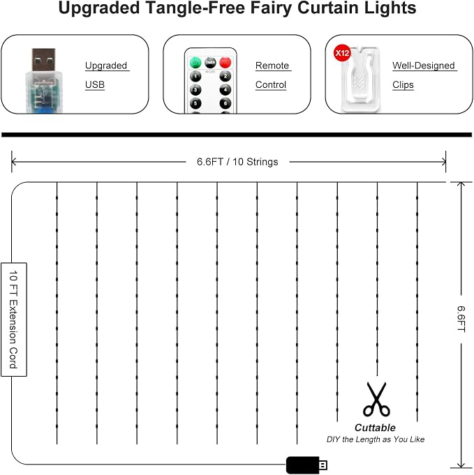 2 Pack Fairy Curtain Lights Upgraded Tangle-Free Warm White USB Plug in 8 Modes String Hanging Lights with Remote for Christmas, Bedroom, Indoor, Outdoor, Weddings, Party (6.6FTx6.6FT)