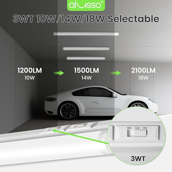 ALUSSO 10 Pack 4FT LED T5 Shop Lights – Linkable Integrated Fixture, 2100LM, 3‑Color Selectable, 3000K/4000K/6500K Adjustable Color Temperature, Corded Electric T5 Single Fixture for Garage/Workshop
