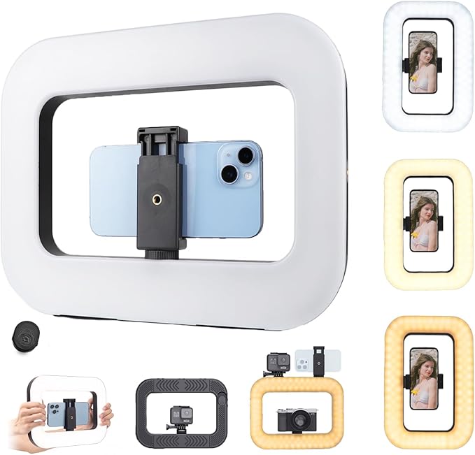 Smartphone Video Rig with Light, Handheld Ring Selfie Light Kit, LED Mobile Video Stabilizer with Built-in 8000mAh Battery for Camera, Smartphone, YouTube, TikTok Video Recording, Makeup