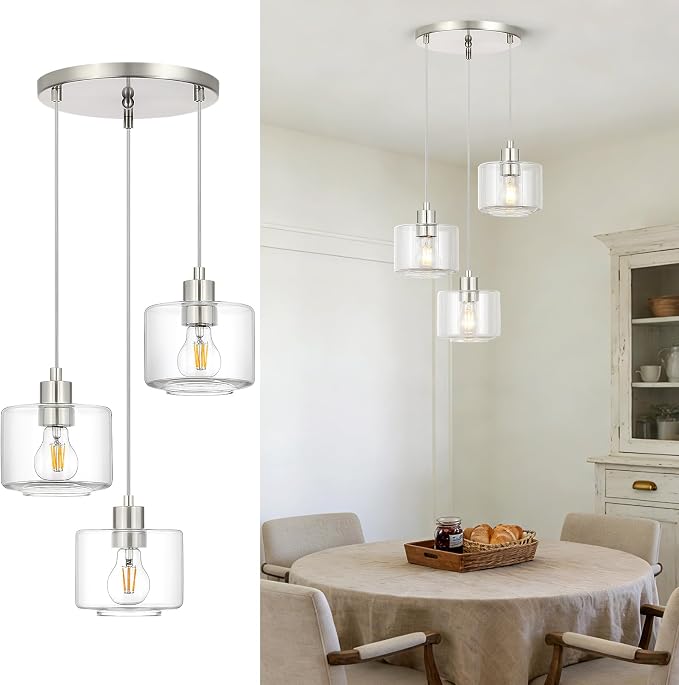 Brushed Nickel Dining Room Chandelier Light Fixture, 3-Light Pendant Lighting with Clear Glass, Modern Kitchen Island Cluster Hanging Pendant Lights for Kitchen Dining Room, OS-YQ8153-3BNC