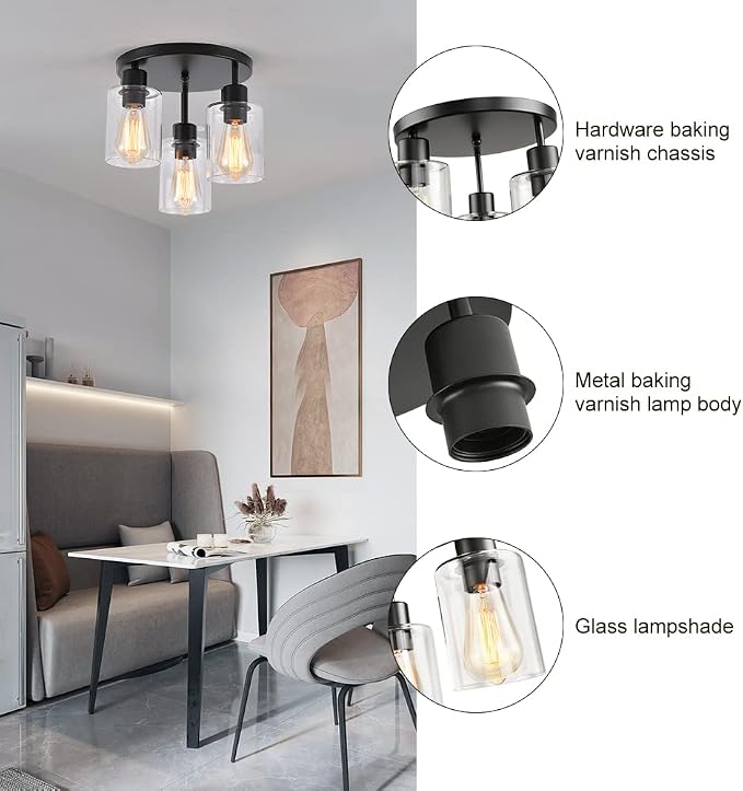 3-Light Industrial Farmhouse Black Matte Light Fixtures Ceiling Mount, with Clear Glass Shades Semi Flush Mount Ceiling Light, for Hallway Fixtures Kitchen, Foyer
