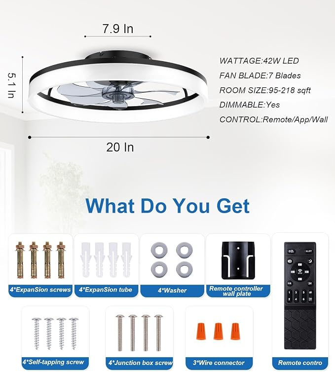 Ceiling Fans with Lights and Remote, 20" Modern Low Profile Ceiling Fan, 6-Speed Quiet Reversible Motor, Flush Mount LED Fan Light,Fandelier Ceiling Fans for Bedroom (Black)