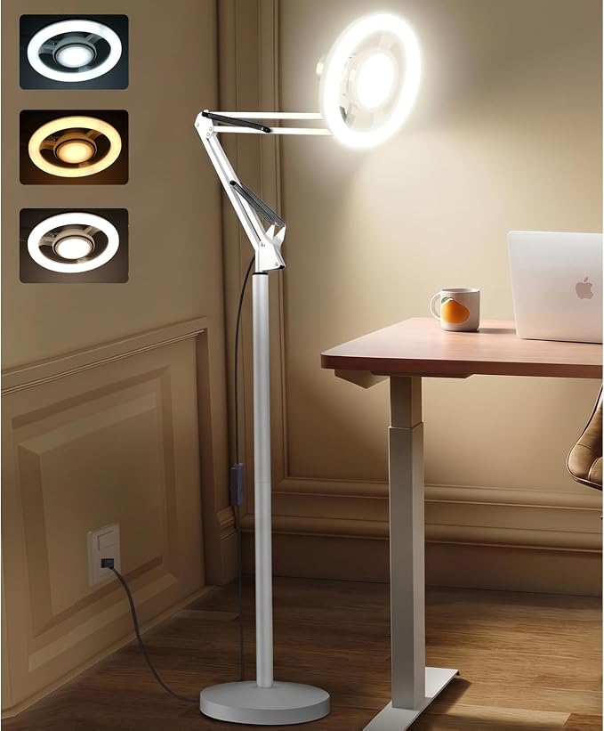 36W Floor Lamp with Flexible Arm, 3 Colors Ring Light with Heavy-Duty Base & Remote, Standing Lamp for Living Room/Workspace/Tattoo/Live Streaming/TikTok/YouTube/Photography