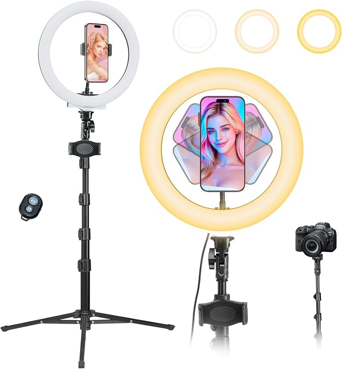 10" Ring Light with 66'' Tripod Stands, 2 Phone Holder & Remote | 3 Color & 10 Brightness Level, Circle Ring Lights for Live Stream, Makeup, TikTok, YouTube, Compatible with iPhone & Android