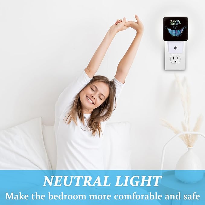 Halloween Alice Smile Night Light, Plug-into Wall We are Mad Here Nightlight Lamp with Dusk to Dawn Sensor, Led Lamp 0.5W Energy Efficient for Boys Girls Adults Home Decor